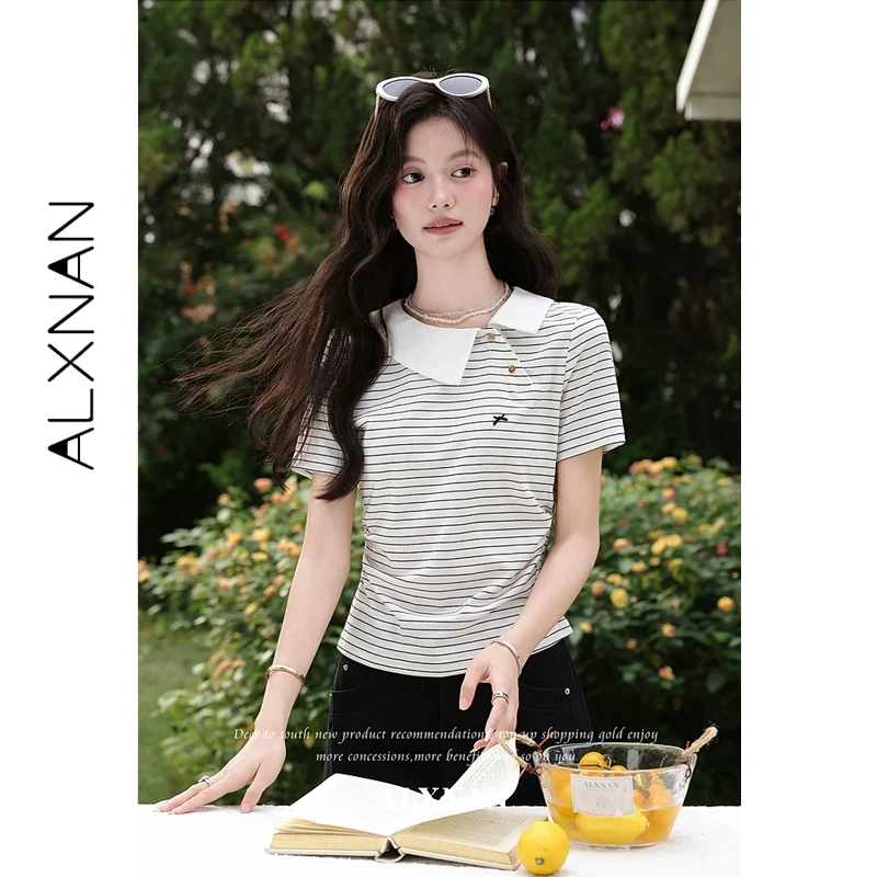 ALXNAN Striped T-shirt Asymmetrical Lapel Oblique Placket Slim Short Sleeve T-shirts Women 2026 Summer Elegant Female Top L65318