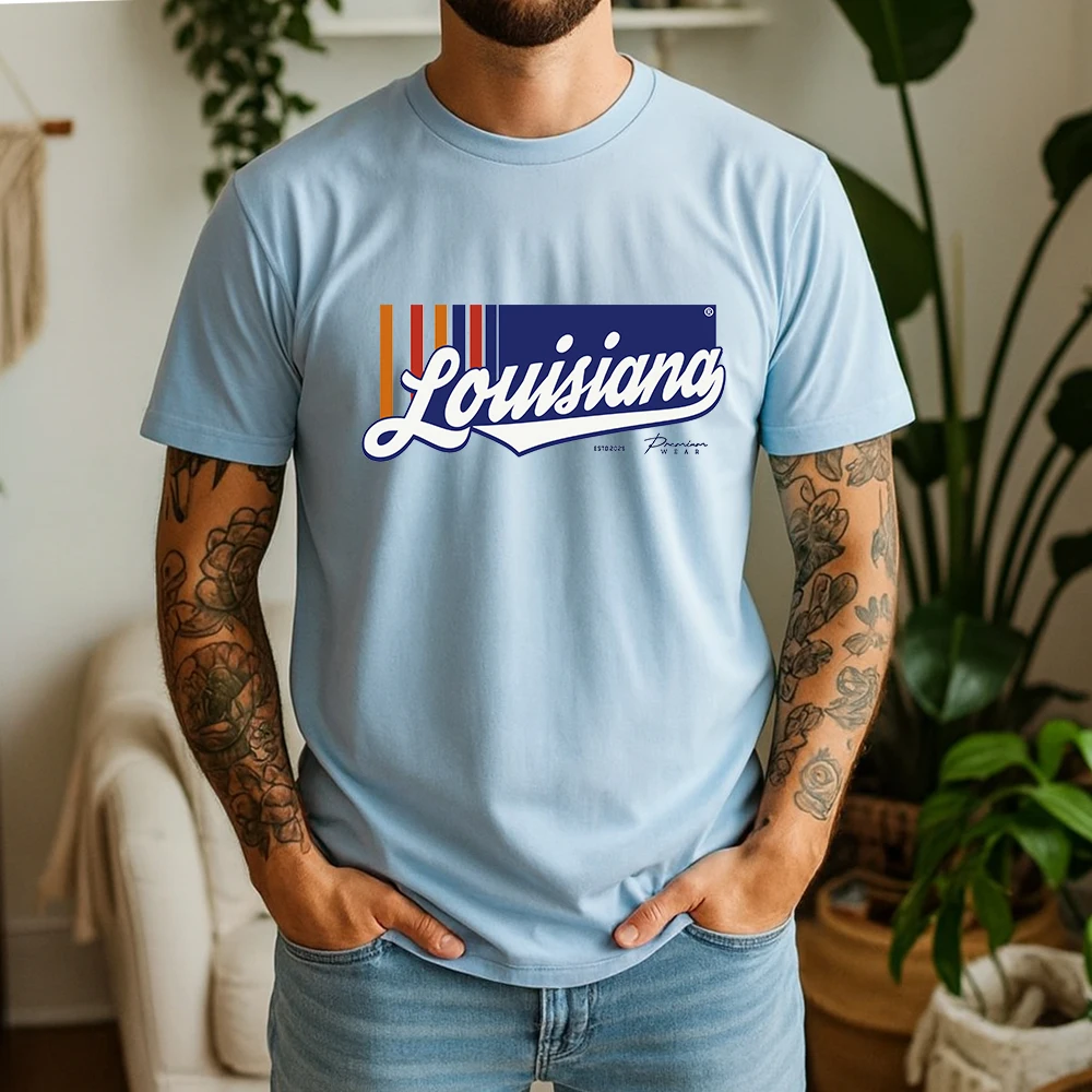 New Summer Mens 100% Cotton T Shirt Louisiana Retro Script Letter Print Casual Breathable Vintage Short Sleeve For Daily Wear