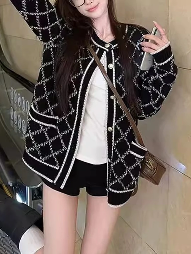 

Long Sleeve Knitted Cardigan Argyle Sweater Autumn Winter Women Loose Jackets Plaid Office Coat Pockets Casual Elegant Clothes