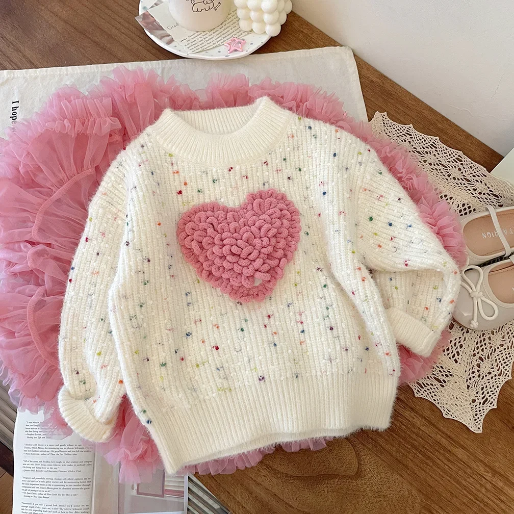

Winter Autumn New Baby Girls Sweater Long Sleeve Cute Flower Knit Clothes 3D Heart Colorful Knitwear Pullover Top for Toddlers