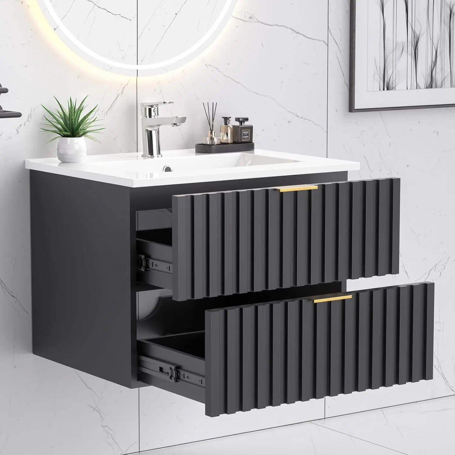 24 Inch Bathroom Vanity with Sink Combo, Floating Bathroom Vanity with 2 Fluted Drawers & Metal Handle, Modern Wall Mount Storag