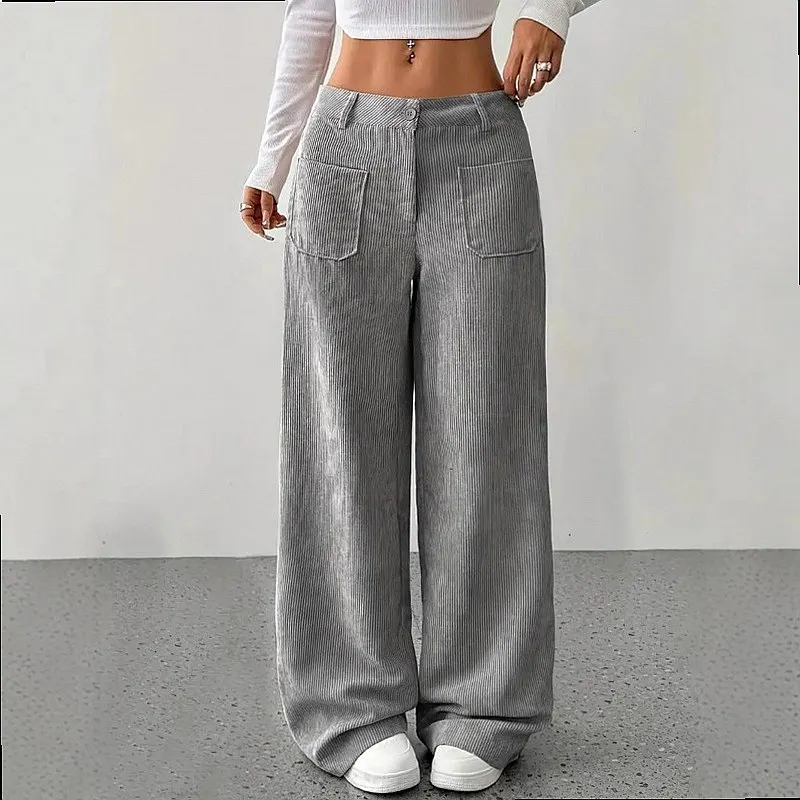 Corduroy Cargo Pants High Waisted Wide Leg Trousers Casual Loose Pants with Pockets Jumpsuit Playsuit