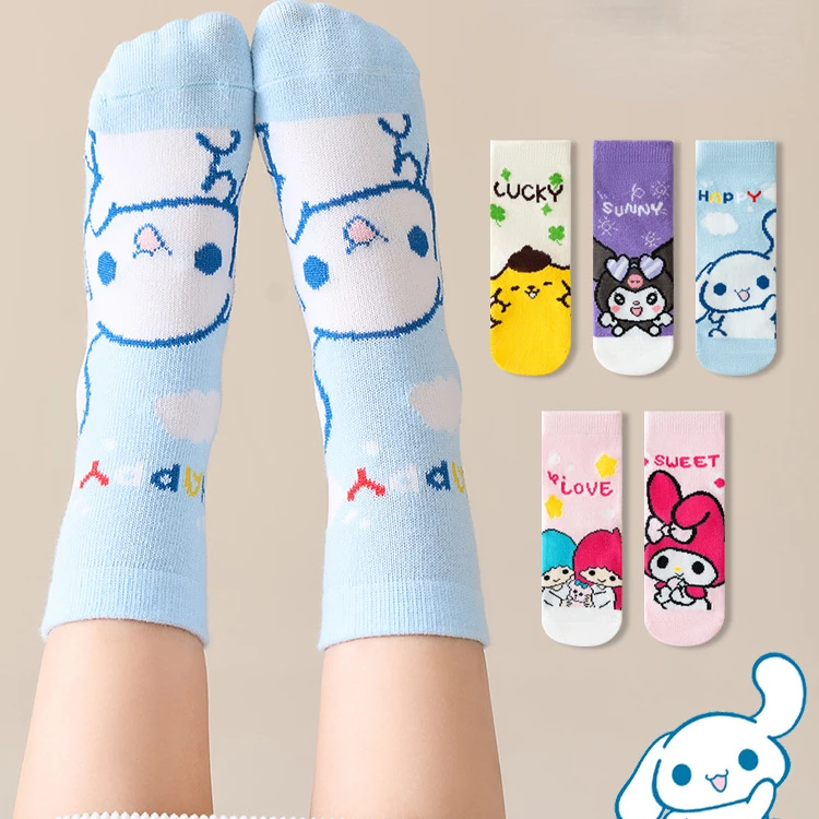 

5 Pairs Cartoon HelloKittys Kids Socks Cinnamoroll Kawaii New Fall Cartoon Children Mid-calf Socks Combed Cotton Sock for Girls