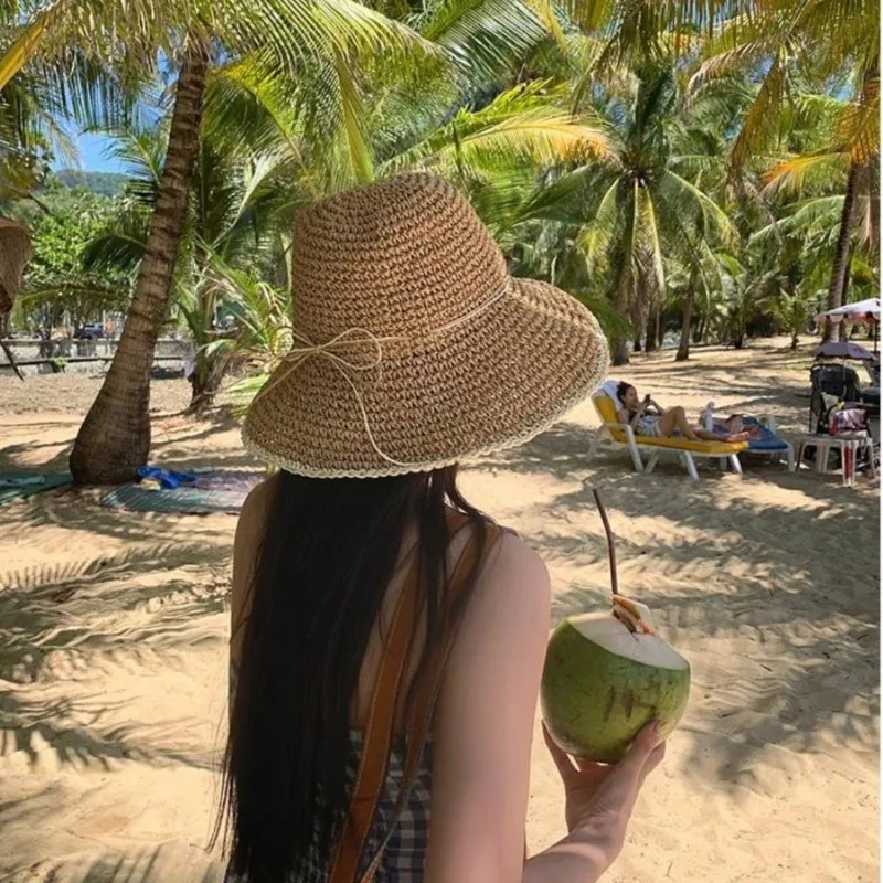1pc Women's Summer Beach Straw Hat for Women,Wide Brim Visor Bucket Hat Hand Weaving Panama Breathable Floppy Fishing Sun Hats