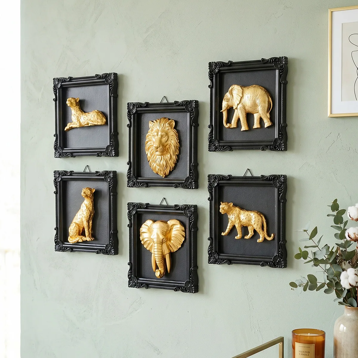 Marco de Fotos Negro con Relieve de Animales en 3D, Diseño de León y Elefante, Decoración de Pared para Sala de Estar y Entrada