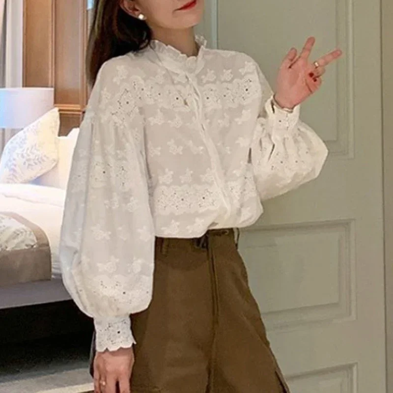 Vintage Embroidered Puff Sleeve Lace White Shirt Women Fashion Slim Cotton Blouse Woman Casual Floral Elegant Female Tops 30131