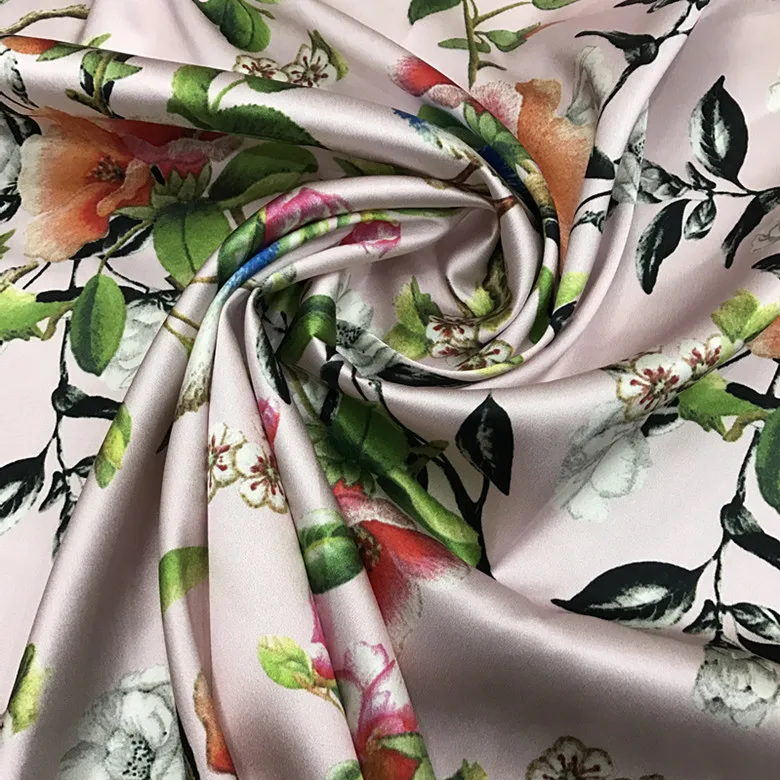 

High Quality New 40momme Silk Satin Inkjet Bird Flower Elastic Thickening Silkworm Cheongsam Fabric