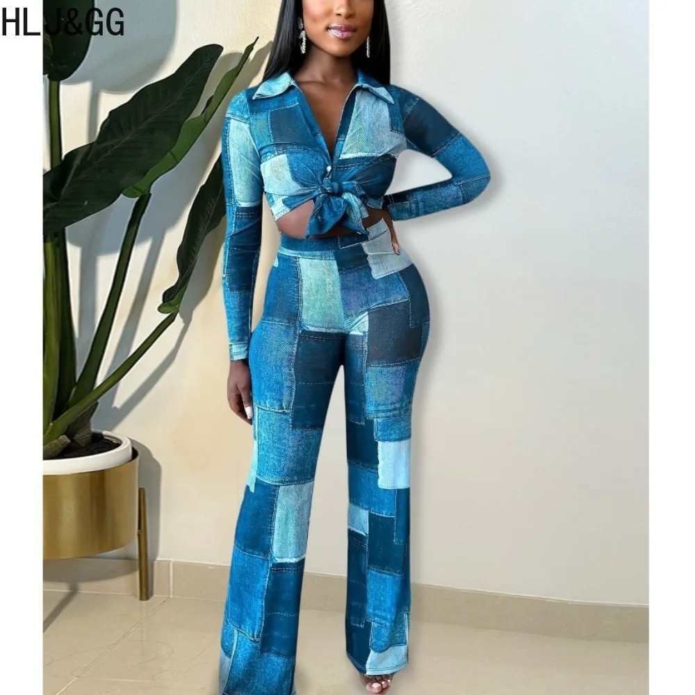 

HLJ&GG Elegant Shirt Two Piece Sets Women Blue Color Patchwork Deep V Shirts Top and Wide Leg Pants Suits Casual Chic Outfits