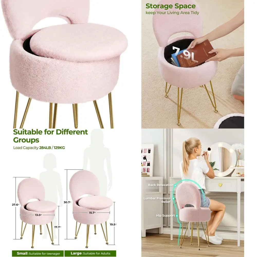 

Compact Faux Fur Vanity Chair with Storage, Folding Back, and Anti-Slip Legs for Teenagers, Ideal for Makeup and Bedroom Use in