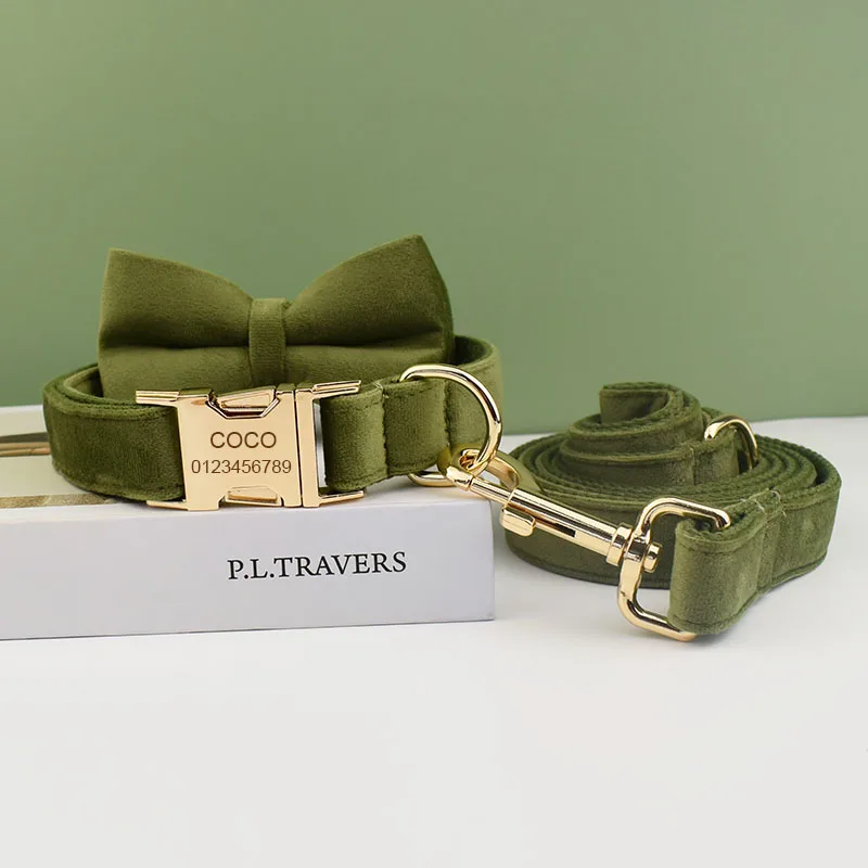 Green Velvet Pet Collar Dog Pitbull German Shepherd American Cocker Spaniel Akitas Medium Large Engrave Name Dog flannelette32