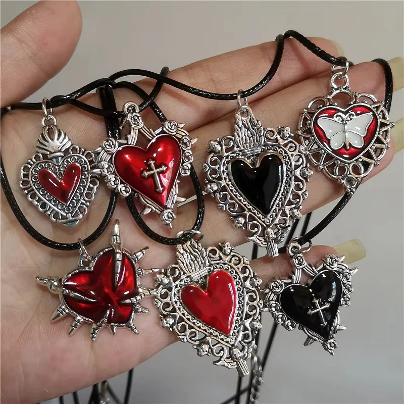 7Pcs Gothic necklace set with prickly cross and butterfly red and black imitation enamel heart pendant, vintage silver wire jewe