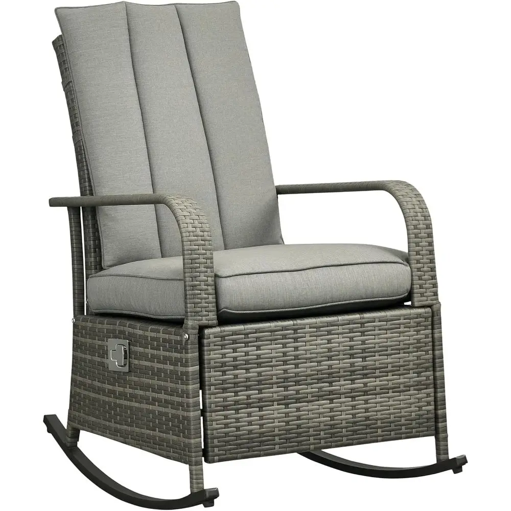 

Gray Outdoor Wicker Rocking Chair with Adjustable Backrest and Footrest, Cushioned Patio Recliner for Garden, Backyard, Porch