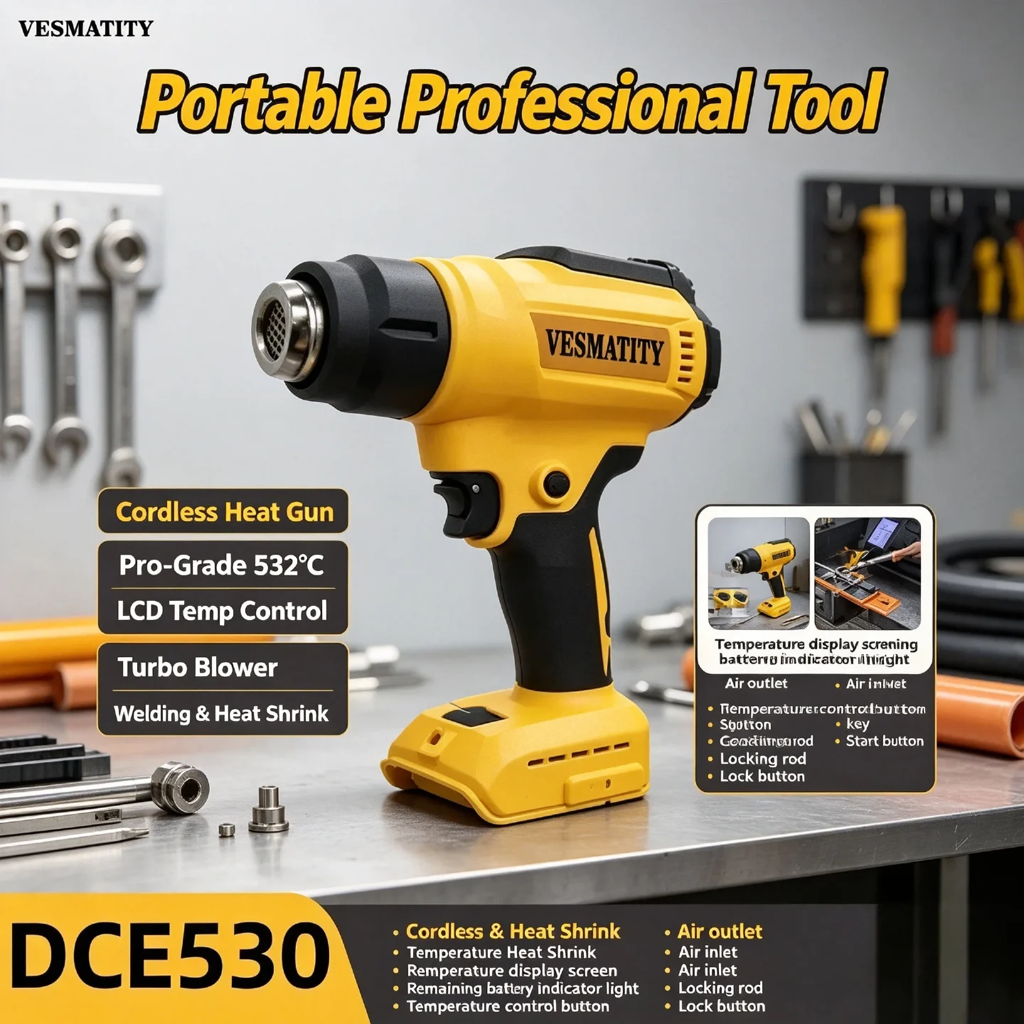 Vesmatity 532°C – LCD Temp Control Thermal Blower DCE530 Cordless Heat Gun for Welding & Heat Shrink, DeWALT Battery