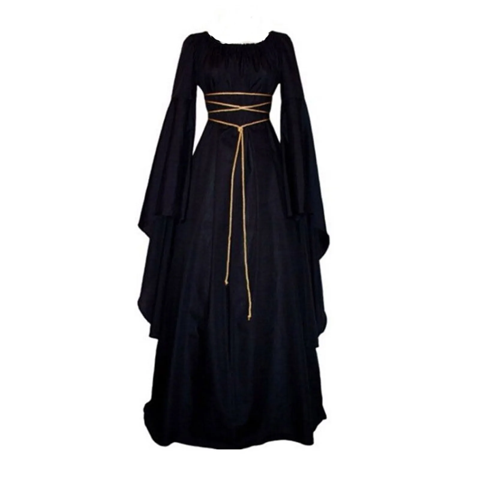 

Medieval Cosplay Vampire Witch Maxi Dress Gothic Retro Long Bell Sleeve Bandage Slim Robes Dress With Belt Floor Length Vestidos