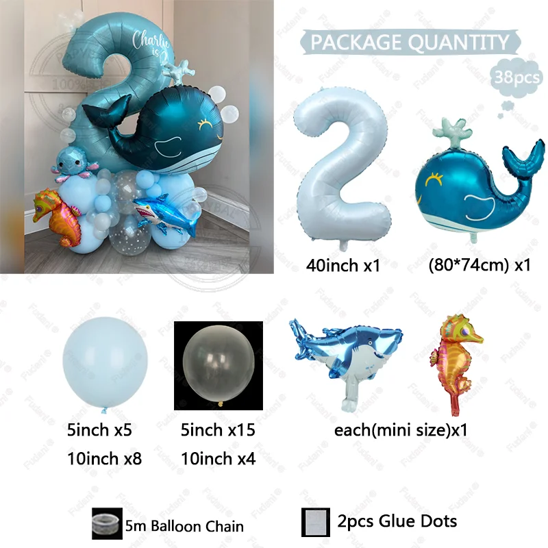 38 stücke Ozean Tier Themen Ballon Baby Blau Anzahl Geburtstag Ballon Set Cartoon Wal Hai Seepferdchen Ballon Party Dekoration – Detail 3