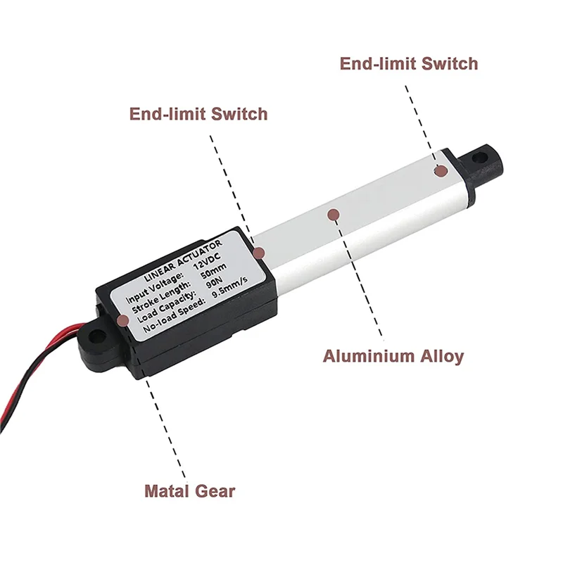 Actuador microlinear AA08-10X, carrera de 2 pulgadas, 90N/20,3 libras, velocidad 9,5 Mm/S Actuador lineal de motor de actuador eléctrico 12V