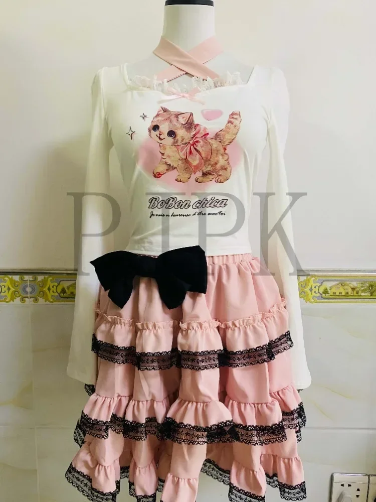 Saia gótica lolita rosa para mulheres, saia y2k, renda preta, saia kawaii doce japonesa, estilo retro coreano feminino, minissaia de festa, outono