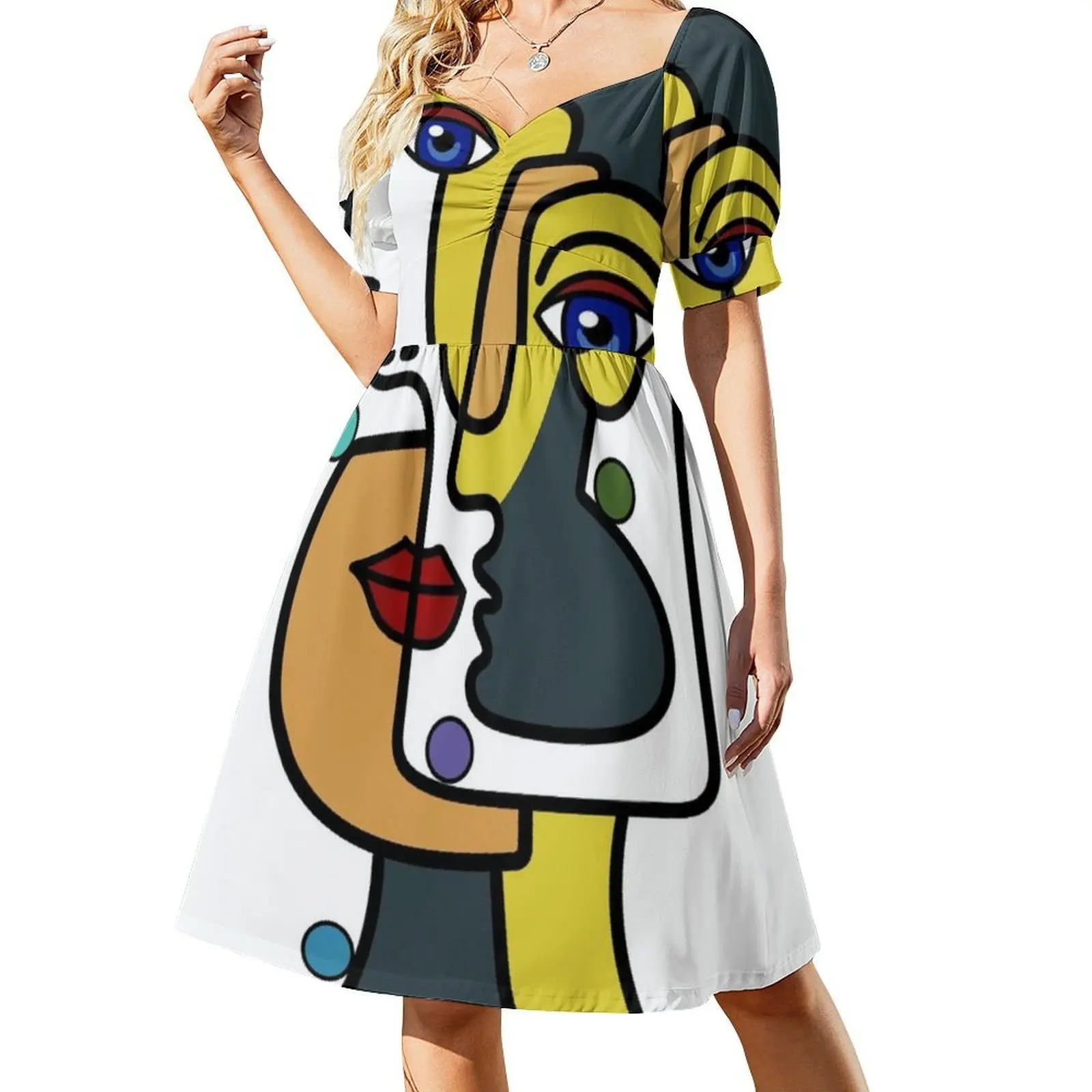 التكعيبية هندسية غريبة امرأة صورة الفن مثير عطلة فستان للنساء شاطئ حفلة عيد ميلاد فستان قصير مجردة التكعيبية