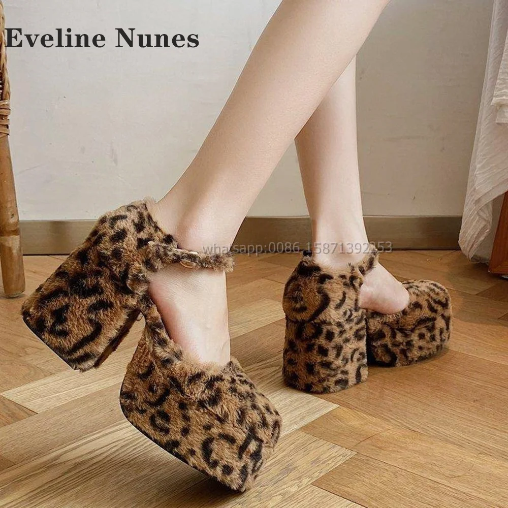 Leopard Platform Sexy Women Sandals Round Toe Height Increasing Buckle Strap Side Air Furry Fur Pumps Spicy Girl Casual Shoes