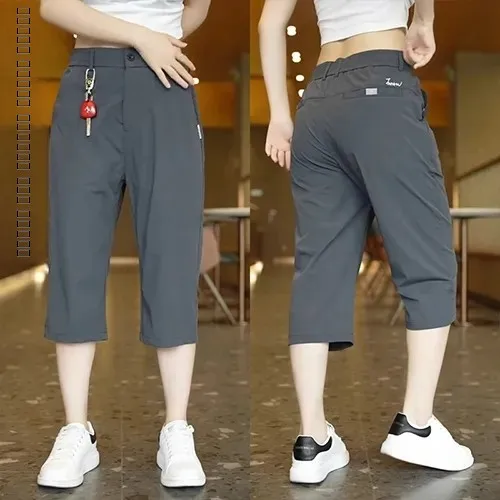 

Мужские летние тонкие дышащие свободные брюки-капри из ледяного шелка с эластичным поясом, прямые, выше колена, для активного отдыха, модные