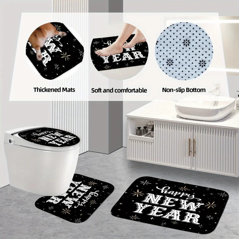 Happy New Year 4pcs Shower Curtain Set with Hooks - Waterproof, Non-Slip Bathroom Rug, U-Shape Toilet Mat & Lid Cover Pad - Vibr