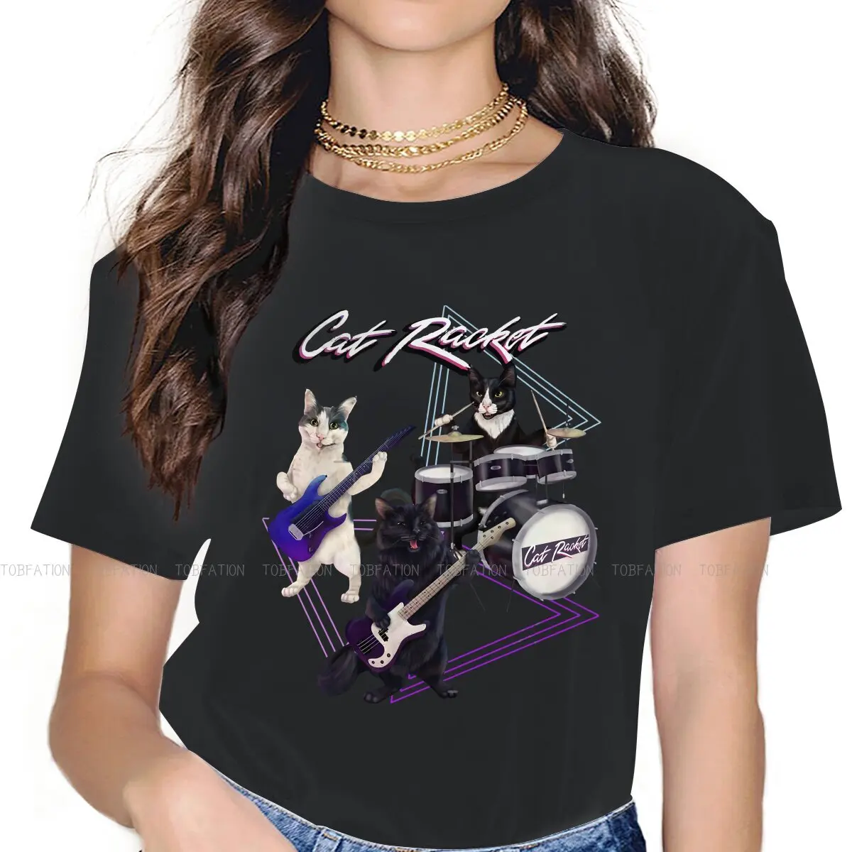 Cat Racket Cat Band On Guitar Bass and Drums Classic  TShirt For Girls Bass Guitar Rock Music Harajuku Female T Shirt Cotton