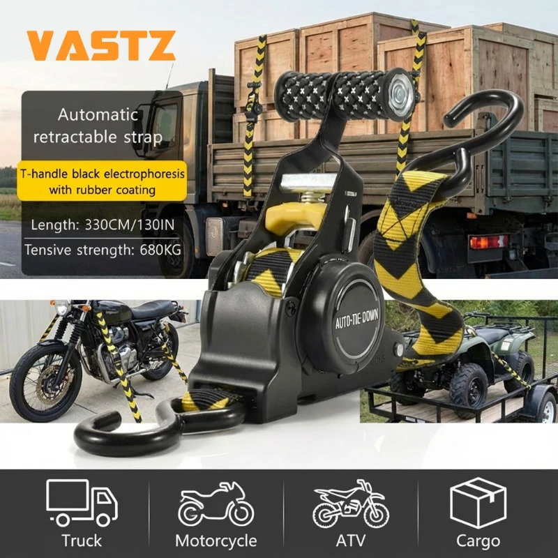 VASTZ Car Automatic Retractable Tensioning Strap For Cargo Truck Motorcycle Transport Heavy Duty Quick Release Tie Down Bandage