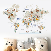 Large World Map Wall Stickers Cartoon Animals Wildlife Watercolor Kids Vinyl Nursery Art Decals for Babys Girls Room Home Decor