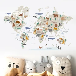 Large World Map Wall Stickers Cartoon Animals Wildlife Watercolor Kids Vinyl Nursery Art Decals for Babys Girls Room Home Decor
