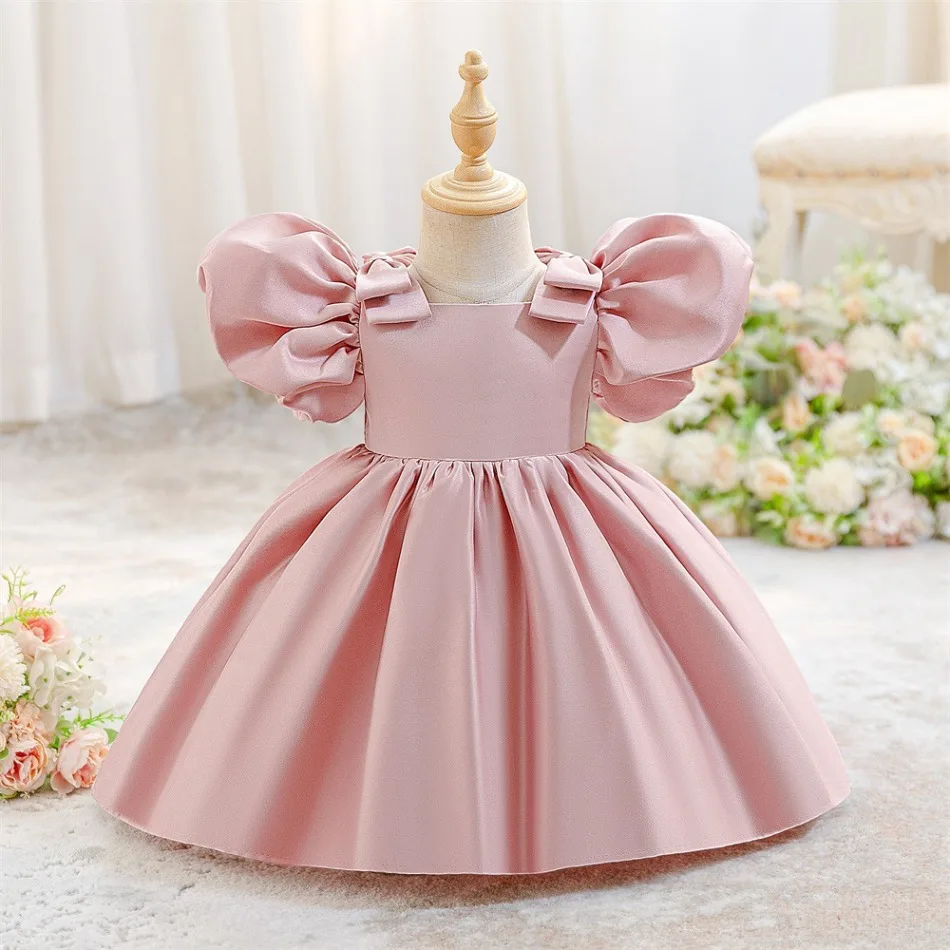 Girls Pink Satin Ball Gown with Puff Sleeves and Bows Formal Dress for Birthday Party Special Occasion and Holiday Parties ASQ03