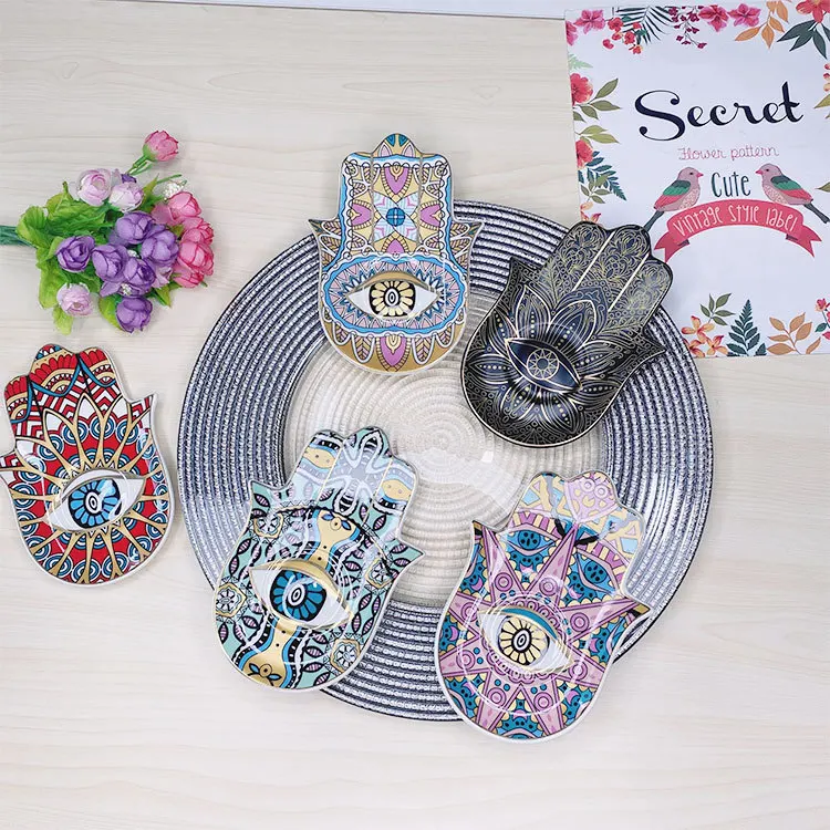 Hamsa Evil Eye Hand of Fatima HolderJewelry Trinket Ring Dish Ceramic  Key Ashtary Trinket Plate Bowl Small Boho Home Decor