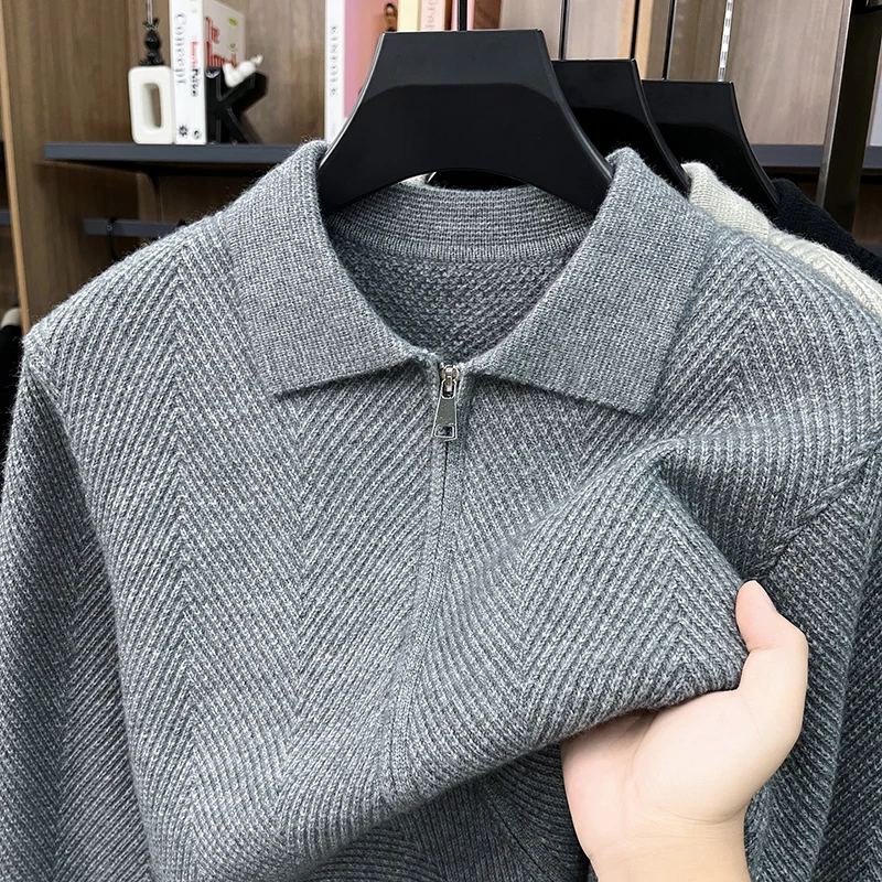 High Quality Luxury Men's sweater cardigan autumn winter soft warm solid color new item fashion double zipper lapel knitted coat