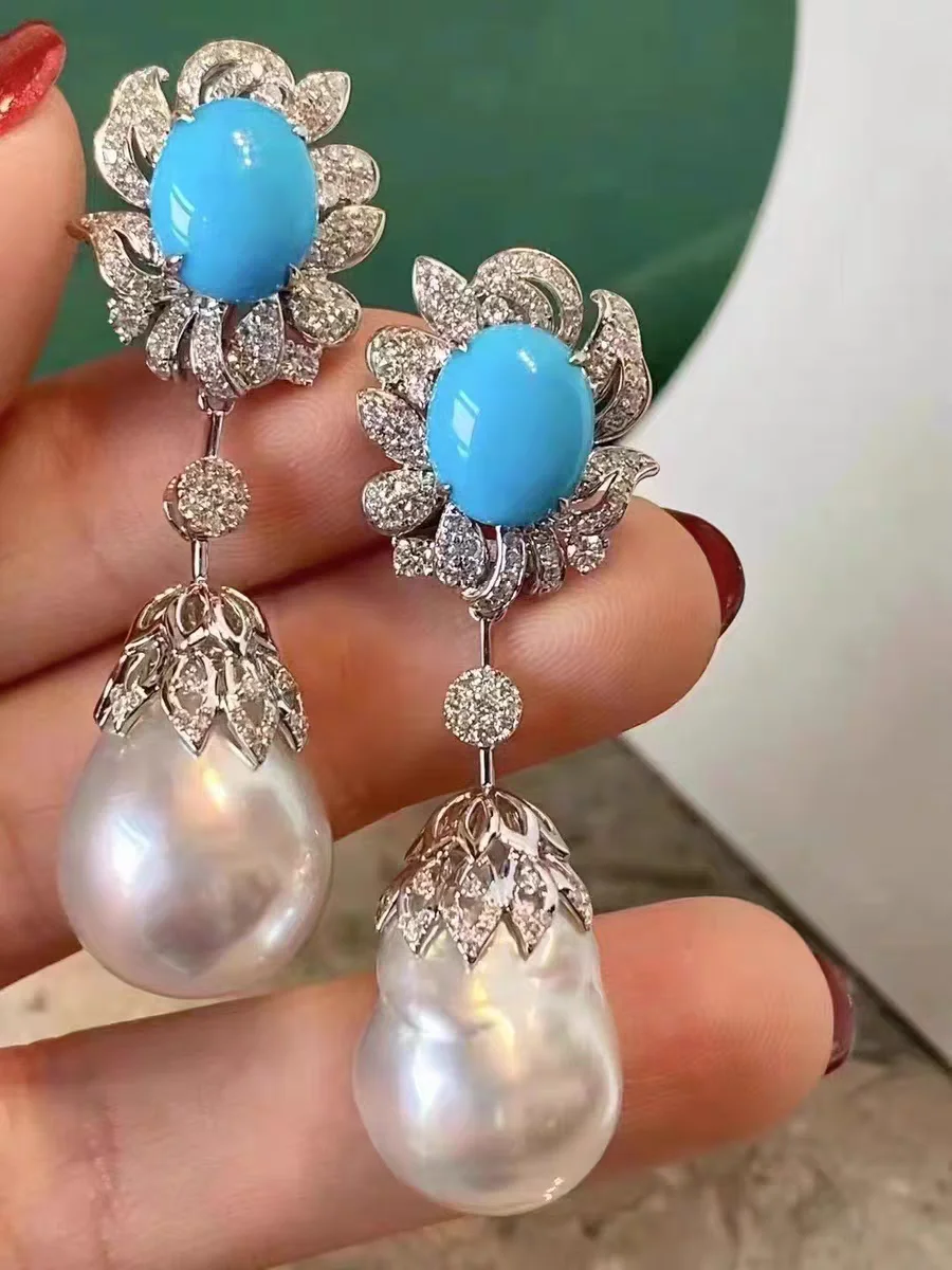 MeiBaPJ 10mm Natural Rice Pearls Fashion Turquoise Drop Earrings 925 Silver Fine Wedding Jewelry for Women - Image 2
