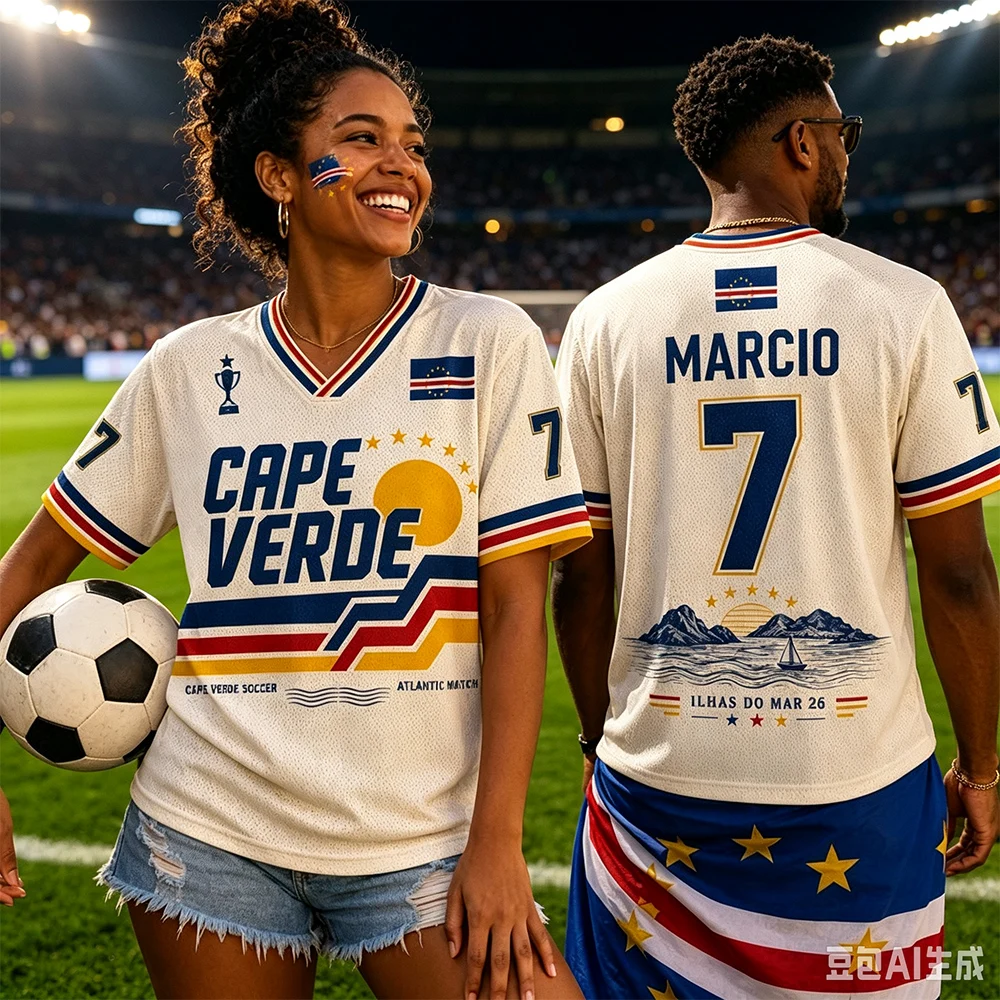 NEUES Kap-Verde Retro Fußballtrikot 3D-Druck Flaggen-Motiv Kleidung Kurzarm Herren Damen Sport-Fan Freizeit-T-Shirts für Kinder Familien-Partnerlook