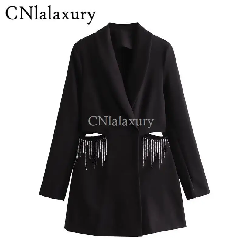 CNlalaxury 2024 Autumn Winter Women New Solid Color Sense Of Design Diamante Short Jumpsuit Long Sleeved Fashion Lapel Tops Coat