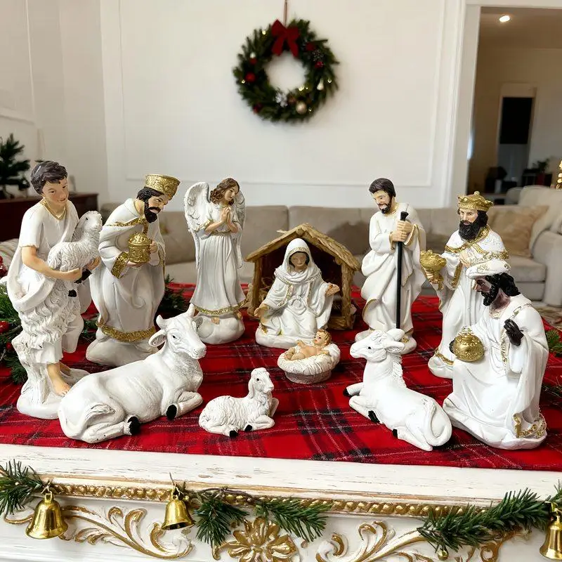 Resin Nativity Scene Figurine Set Holy Family Jesus Birth Manger Statue Christmas Religious Tabletop Ornament Home Church Decor