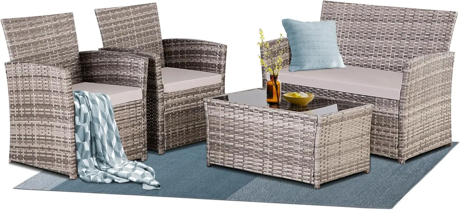 4 Piece Patio Furniture Set,Outdoor Wicker Conversation Sets,Rattan Sectional Sofa w/Coffee Table,Seat Cushions for Backyard