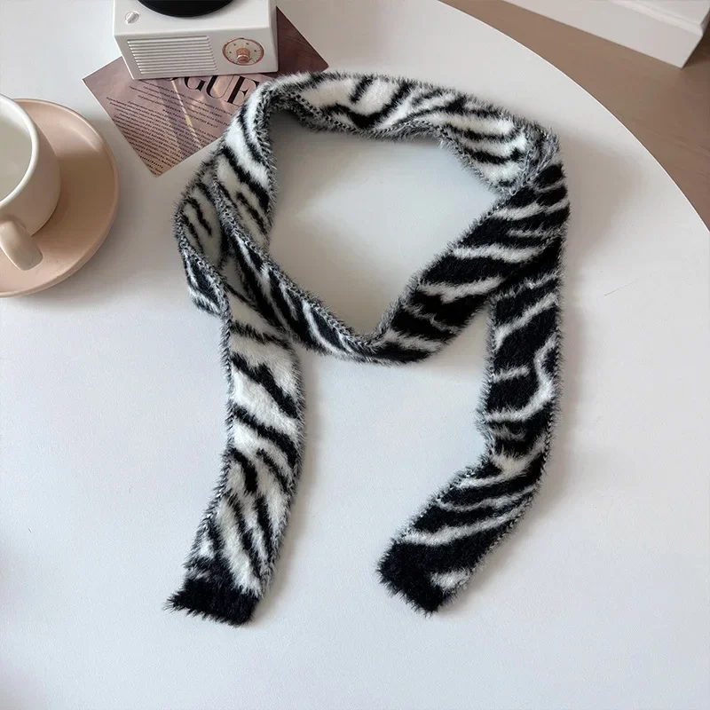 Striped Plush Scarf Women\'s Niche Design Sense Spice Girl Versatile Decoration Korean Version Thin and Narrow Long Scarf