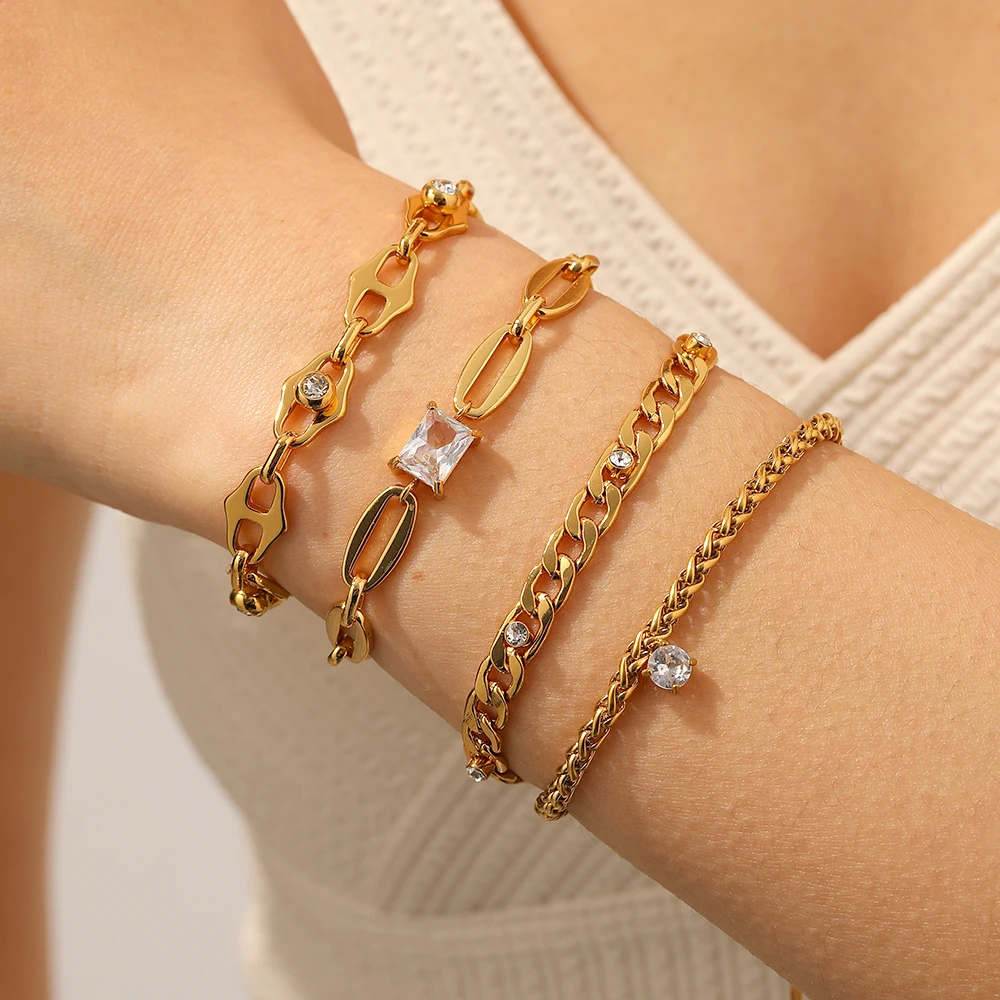 Modisches Design Edelstahl-Armband mit Weißem Zirkon-Besatz, 18K Goldfarben Beschichtet, Wasserdichter Schmuck als Geschenk – Detail 4