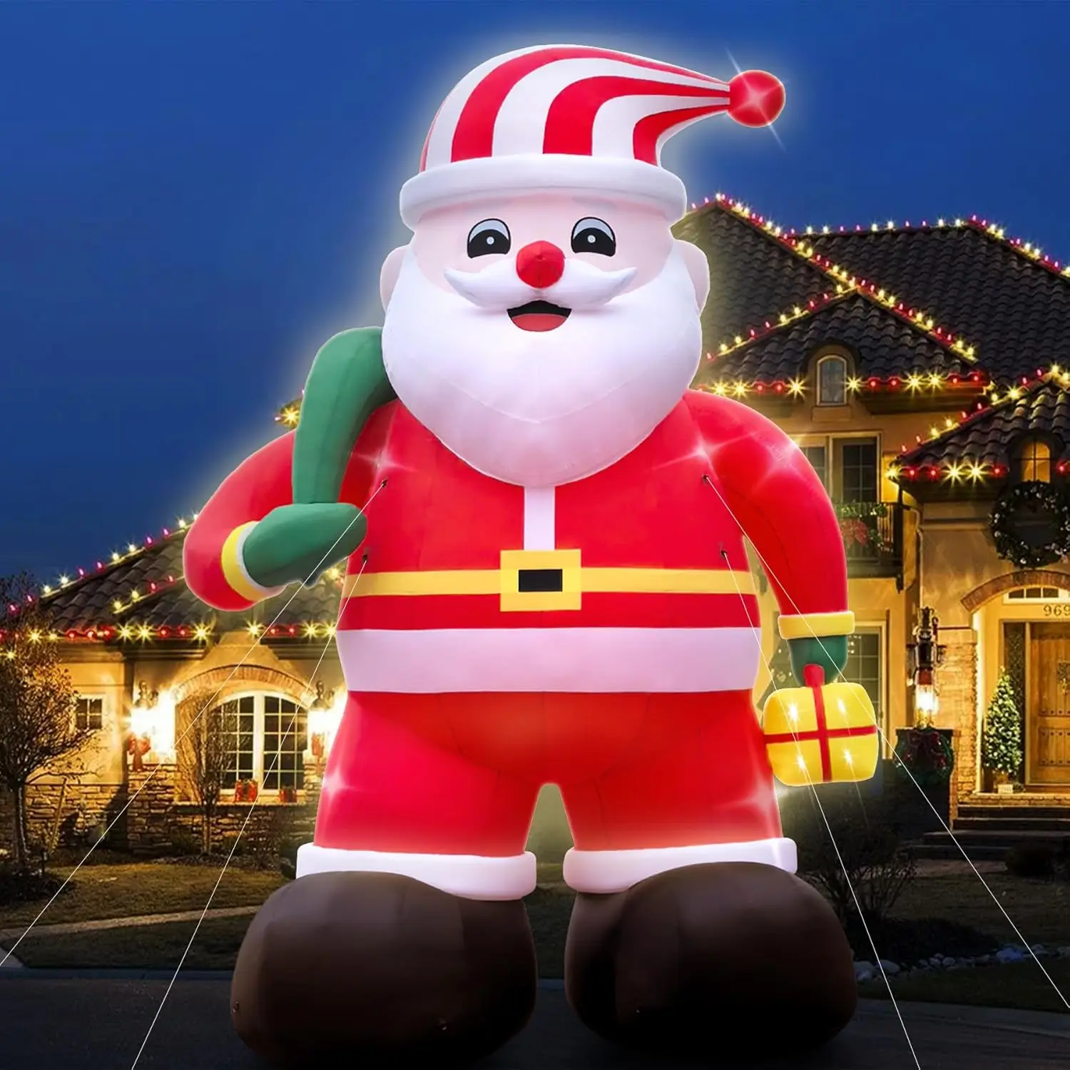 

Giant Christmas Inflatable Santa Claus with Cindy Cane & Gift Boxes, Outdoor Blow Up Giant Santa Decoration with blower