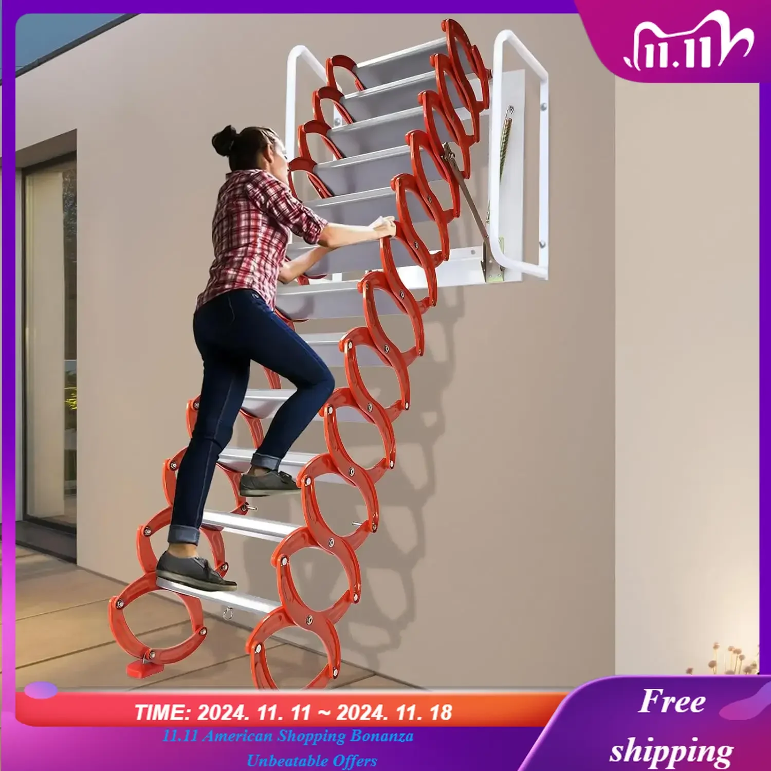 12 Steps Attic Folding Wall Mounted Ladder Orange Loft Folding 10FT HeightAttic Pull Down System Steps Ladd