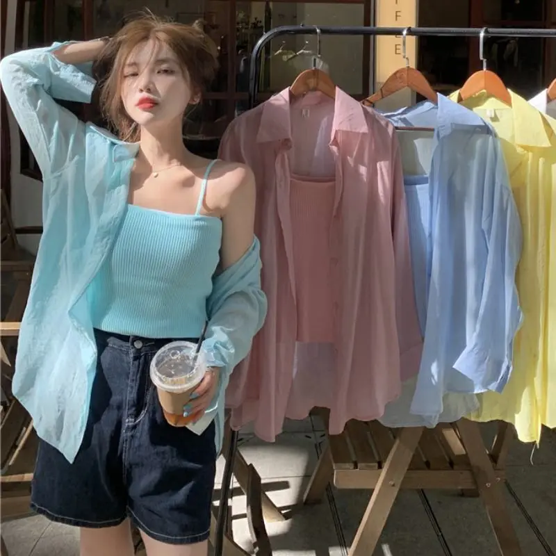 

New Colors Shirts Women Sheer Thin Chic Summer Casual Solid Sun-proof Fashion Baggy All-match Loose Korean Style Clothes A347