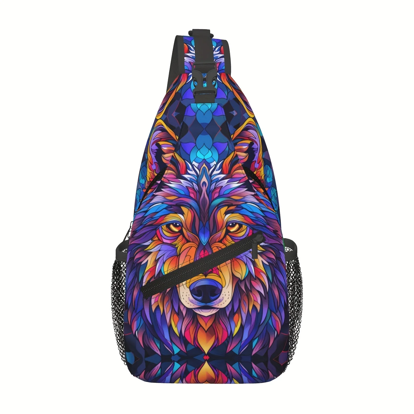 Stained Glass Style Wolf Crossbody Chest Bag Hiking Backpack Folding Large Capacity Fashion Durable For Work Leisure Travel