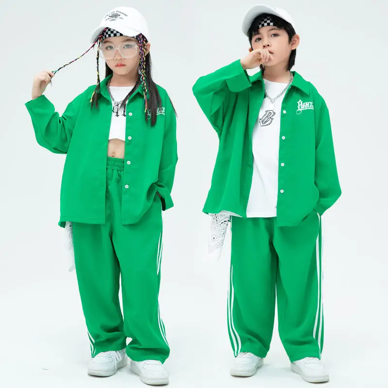 새 소년 힙합 느슨한 셔츠 거리 댄스 스포츠 세트 소녀 녹색 블라우스 운동복 의류 아동 streetwear 어린이 십대 의상