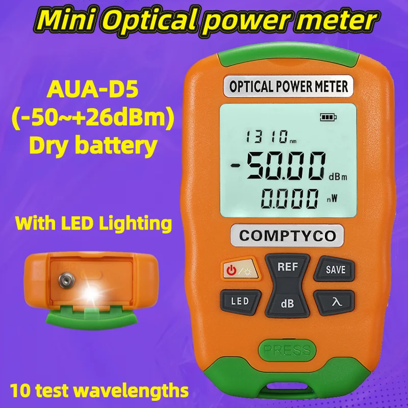 COMPTYCO AUA-D5 Handheld Mini Optical Power Meter -50 - +26dBm FTTH Fiber Optic Tester OPM With LED Lighting 10 Test Wavelengths