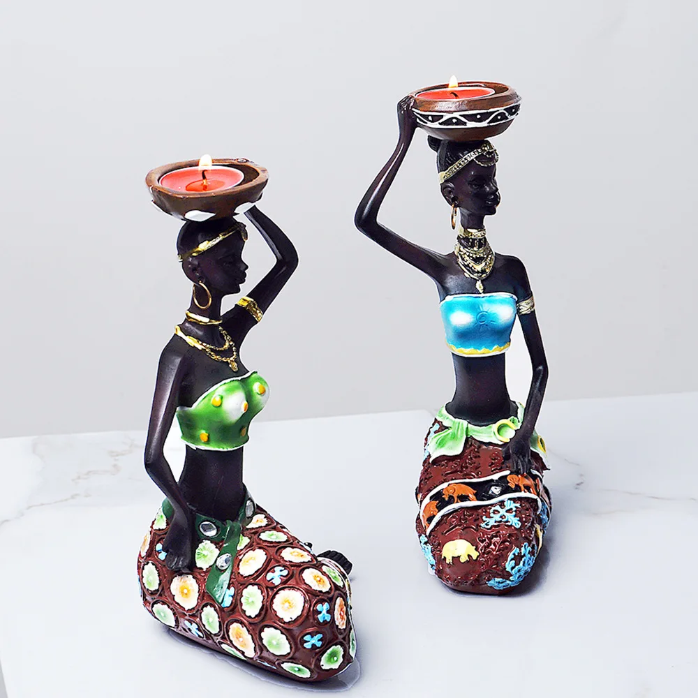 Afrikanischer Frauen-Kerzenhalter Zweiteiliges Set Kunstharz-Handwerk Wohnzimmer Vintage Kerzen-Tischdekoration Ornament