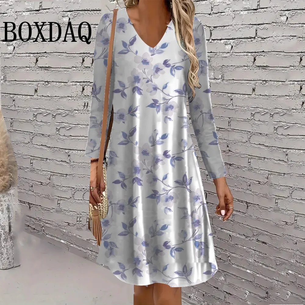 여성 가을 ​​드레스 식물 꽃 프린트 레트로 패션 캐주얼 긴 소매 드레스 스트리트 캐주얼 v 넥 여성 의류 플러스 사이즈