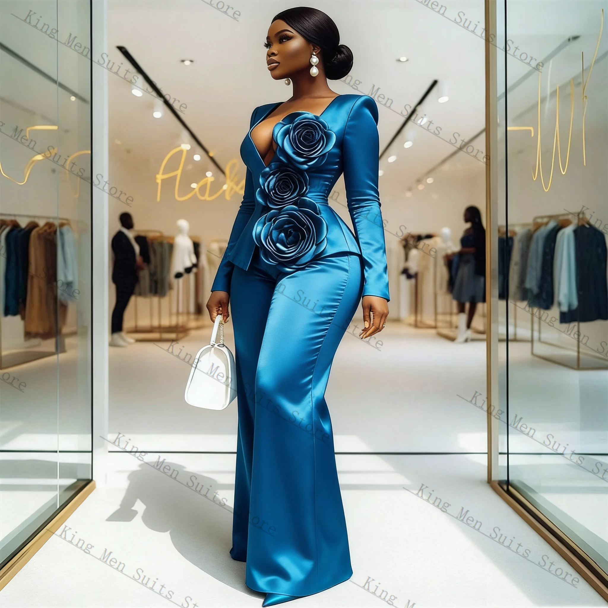 Blue Satin Women Suit Set 2 Pc - Women'S Formal Wear For Wedding Guest ulasan dan harga