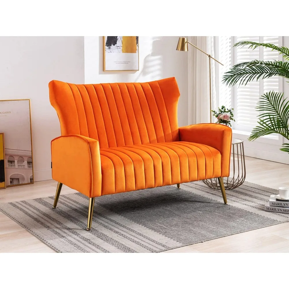 

Velvet Couch Modern Wingback Loveseat Tufted Luxury Sofa with Gold Legs for Living Room/Bedroom, Orange