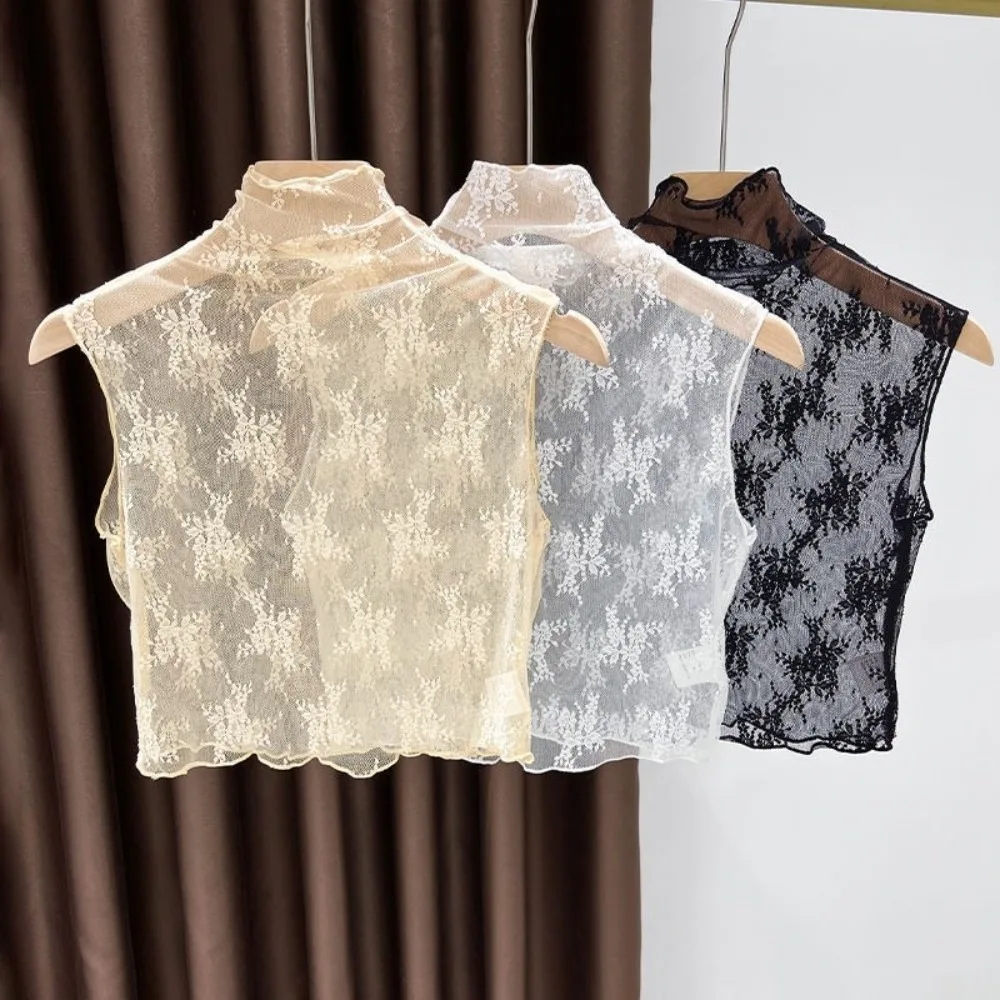 أنيقة وهمية الدانتيل الأزهار طوق سليم شاش شبكة قاعدة طبقة علوية بلون قصير الأكمام انفصال كاذبة طوق تنوعا